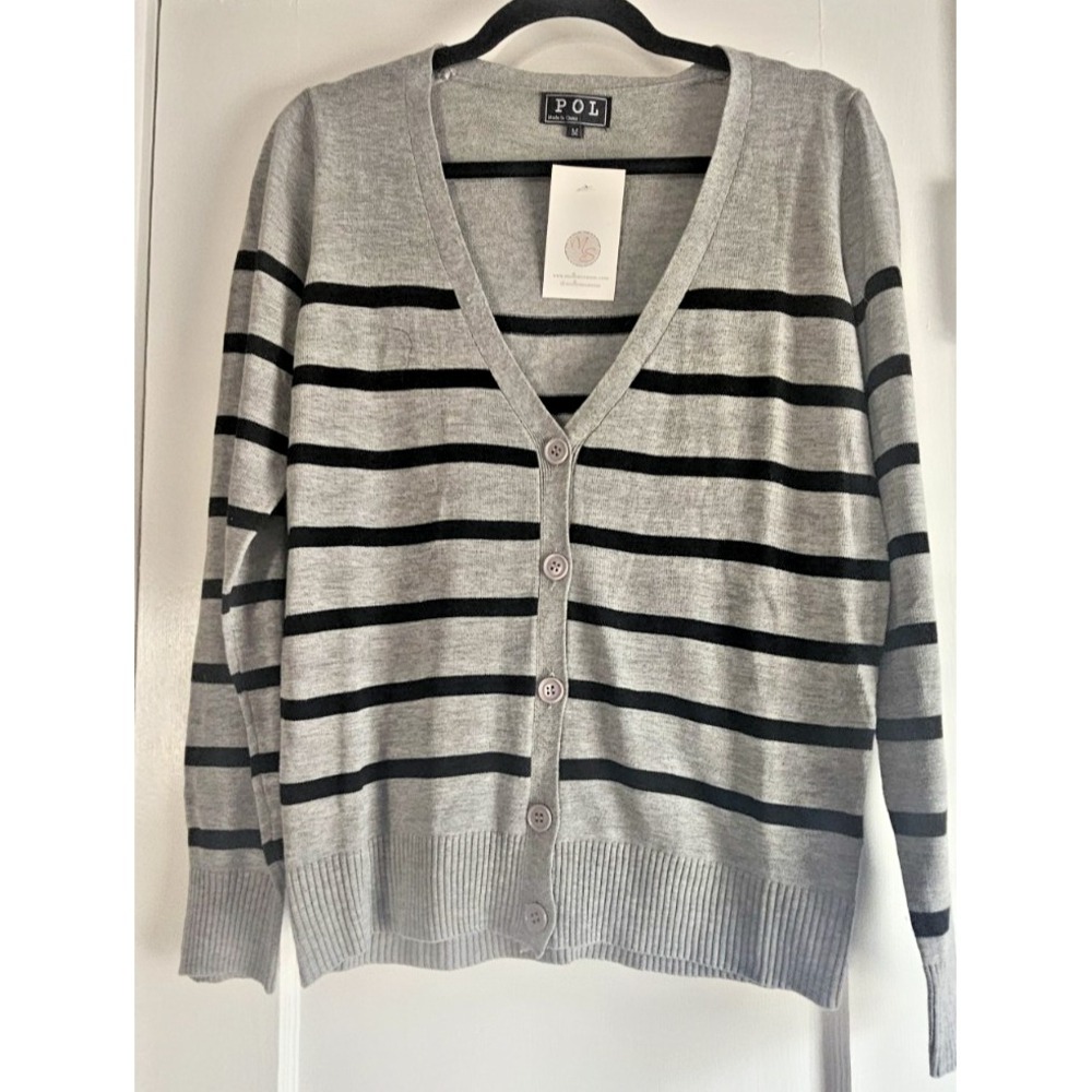 NWT POL gray black striped V neck 100% cotton buttoned cardigan womens  M